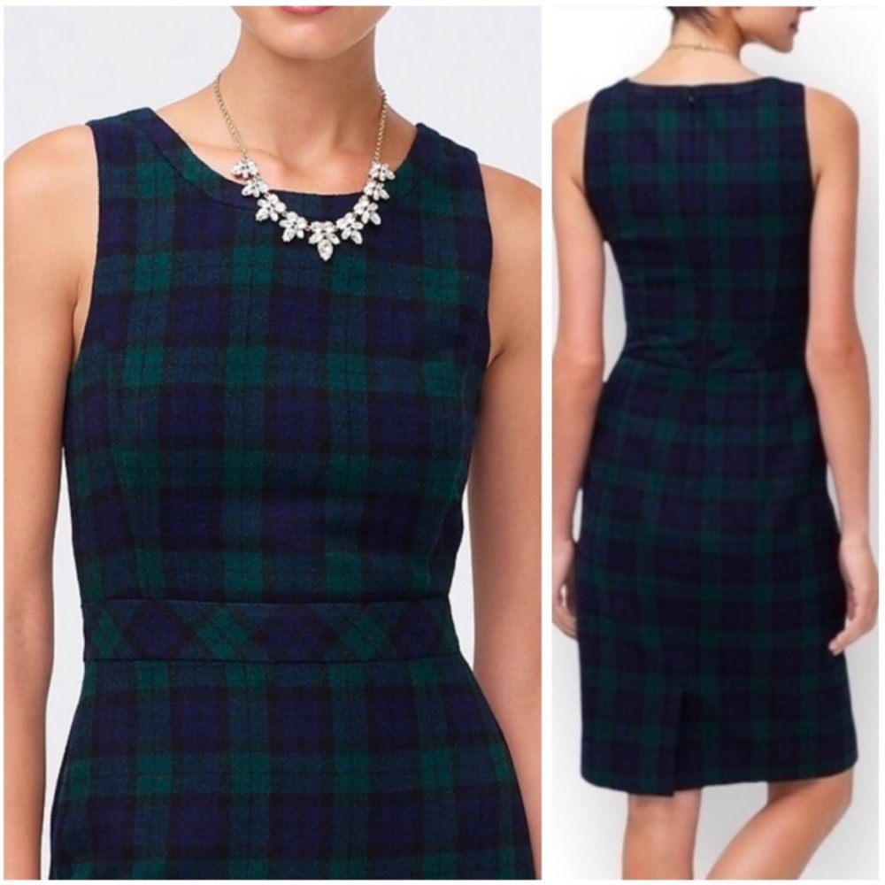 J. Crew Green and Navy Plaid Sleeveless Sheath Dress